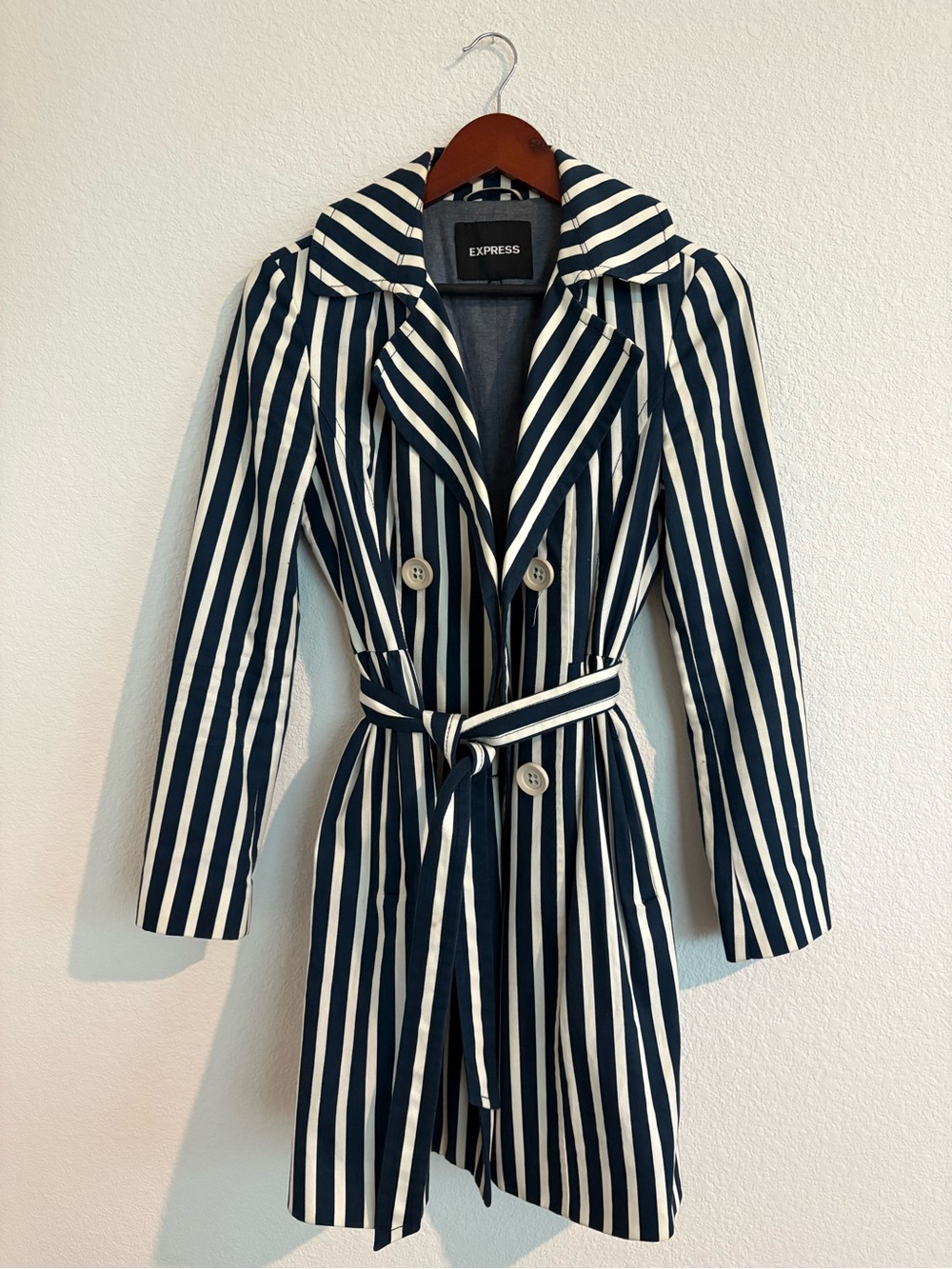 Express Women's Navy & White Striped Trench Coat - Size Small